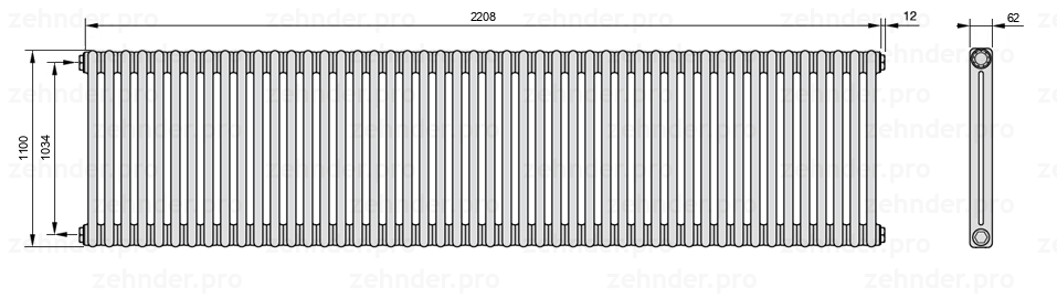 Схема (чертеж) Радиатор Zehnder Charleston 2110/48 №1270 Белый глянцевый RAL 9016